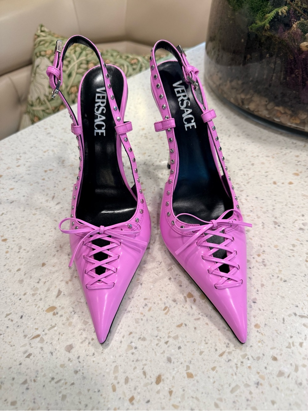 Versace Hot Pink Patent Pointed-Toe Slingback Pumps with Studs